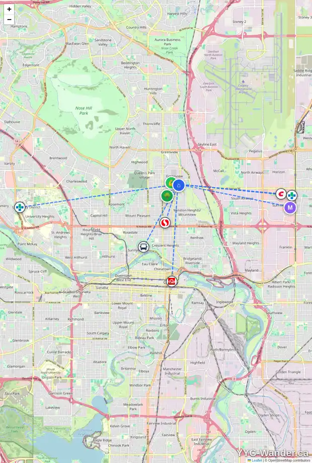 Daily accessibility map for 475 34 AV NE, Calgary showing nearby schools, grocery stores, parks, LRT stations and nearby amenities