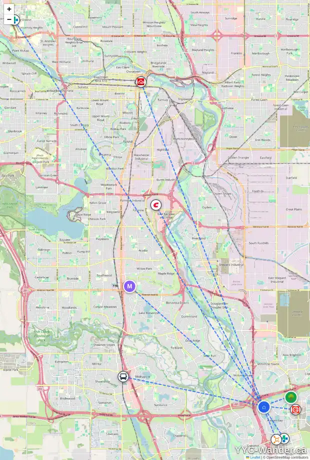 Daily accessibility map for 54 AUTUMN CR SE, Calgary showing nearby schools, grocery stores, parks, LRT stations and nearby amenities