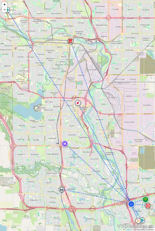 Daily accessibility map for 90 AUTUMN CR SE, Calgary showing nearby schools, grocery stores, parks, LRT stations and nearby amenities