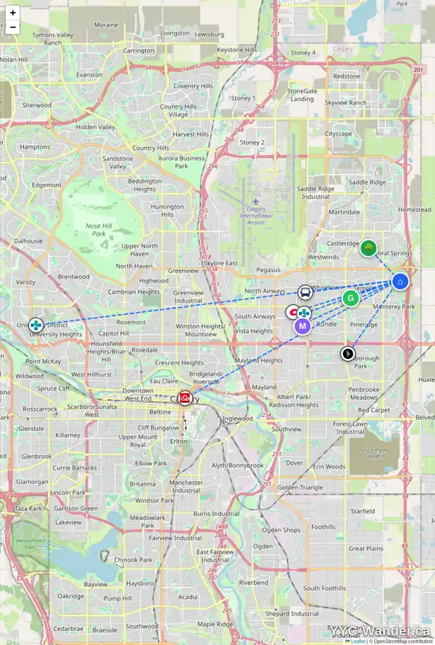 Daily accessibility map for 244 LOS ALAMOS PL NE, Calgary showing nearby schools, grocery stores, parks, LRT stations and nearby amenities