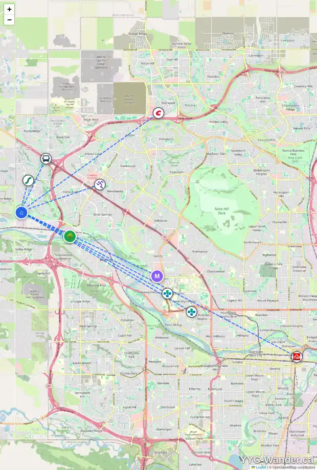 Daily accessibility map for 299 TUSCANY ESTATES RI NW, Calgary showing nearby schools, grocery stores, parks, LRT stations and nearby amenities