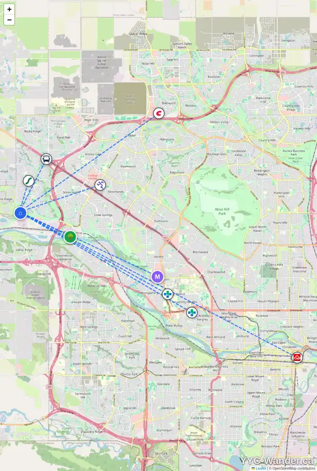 Daily accessibility map for 304 TUSCANY ESTATES RI NW, Calgary showing nearby schools, grocery stores, parks, LRT stations and nearby amenities