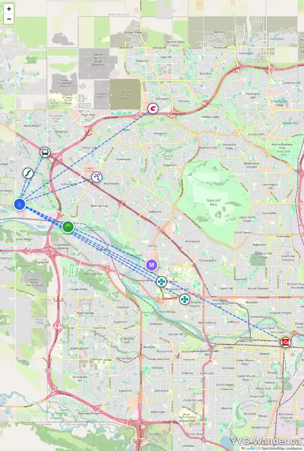 Daily accessibility map for 360 TUSCANY ESTATES RI NW, Calgary showing nearby schools, grocery stores, parks, LRT stations and nearby amenities