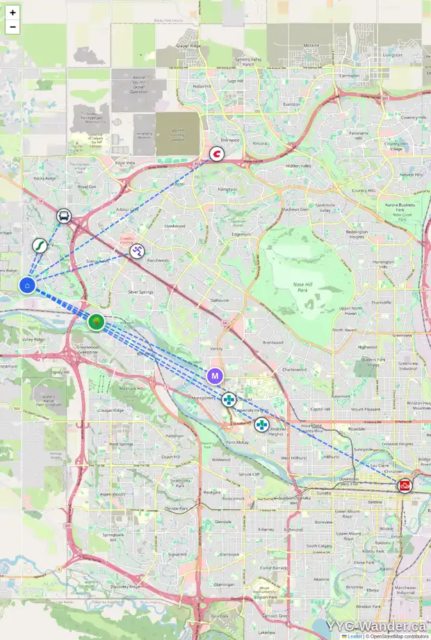Daily accessibility map for 405 TUSCANY ESTATES RI NW, Calgary showing nearby schools, grocery stores, parks, LRT stations and nearby amenities