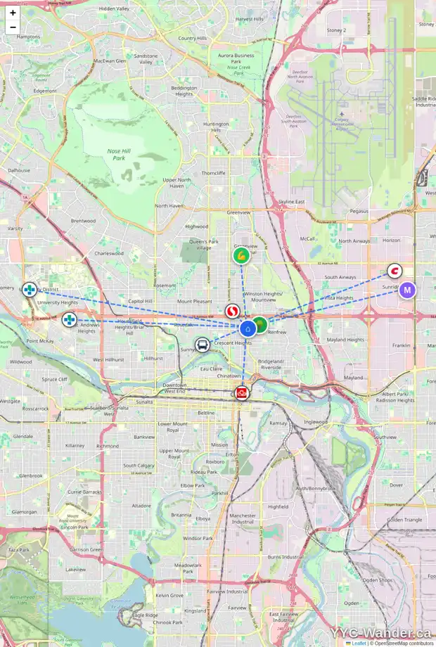 Daily accessibility map for 421C 13 AV NE, Calgary showing nearby schools, grocery stores, parks, LRT stations and nearby amenities