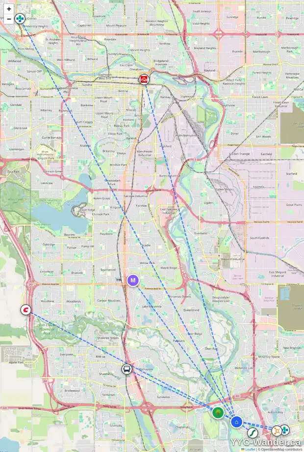 Daily accessibility map for 218 CRANLEIGH PL SE, Calgary showing nearby schools, grocery stores, parks, LRT stations and nearby amenities
