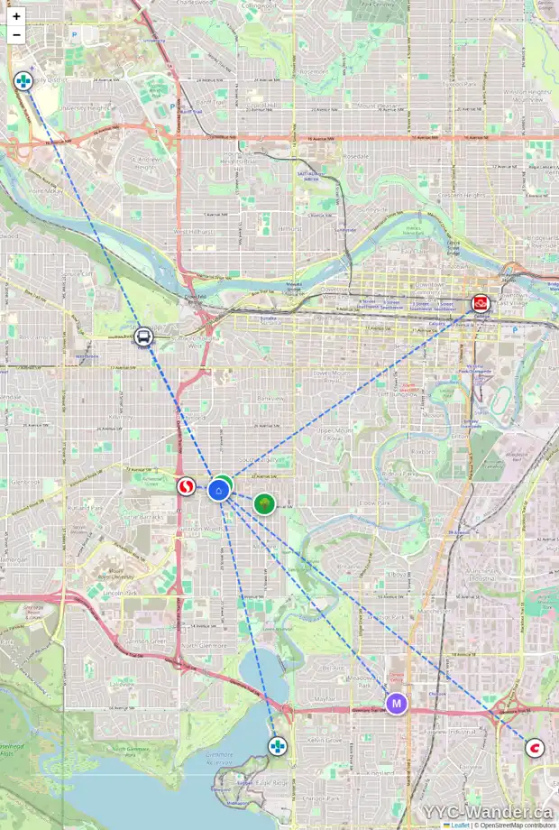 Daily accessibility map for 2 2120 35 AV SW, Calgary showing nearby schools, grocery stores, parks, LRT stations and nearby amenities