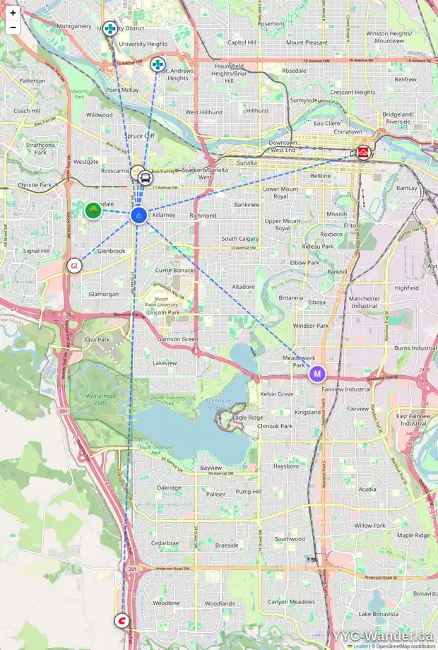 Daily accessibility map for 2440 36 ST SW, Calgary showing nearby schools, grocery stores, parks, LRT stations and nearby amenities