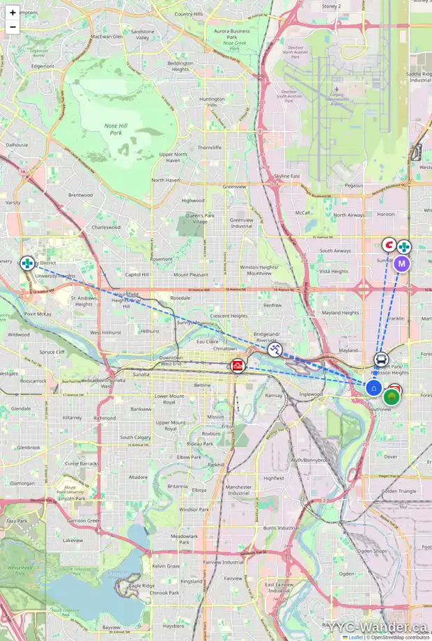 Daily accessibility map for 2701 14 AV SE, Calgary showing nearby schools, grocery stores, parks, LRT stations and nearby amenities