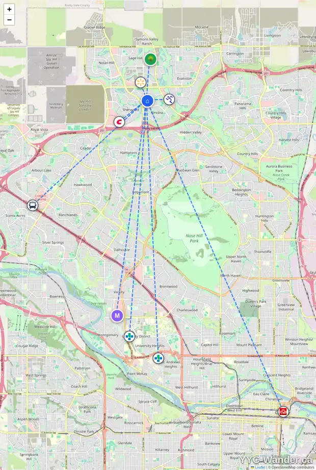 Daily accessibility map for 128 KINCORA GLEN RI NW, Calgary showing nearby schools, grocery stores, parks, LRT stations and nearby amenities