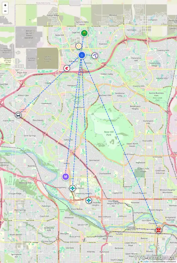 Daily accessibility map for 264 KINCORA GLEN RI NW, Calgary showing nearby schools, grocery stores, parks, LRT stations and nearby amenities