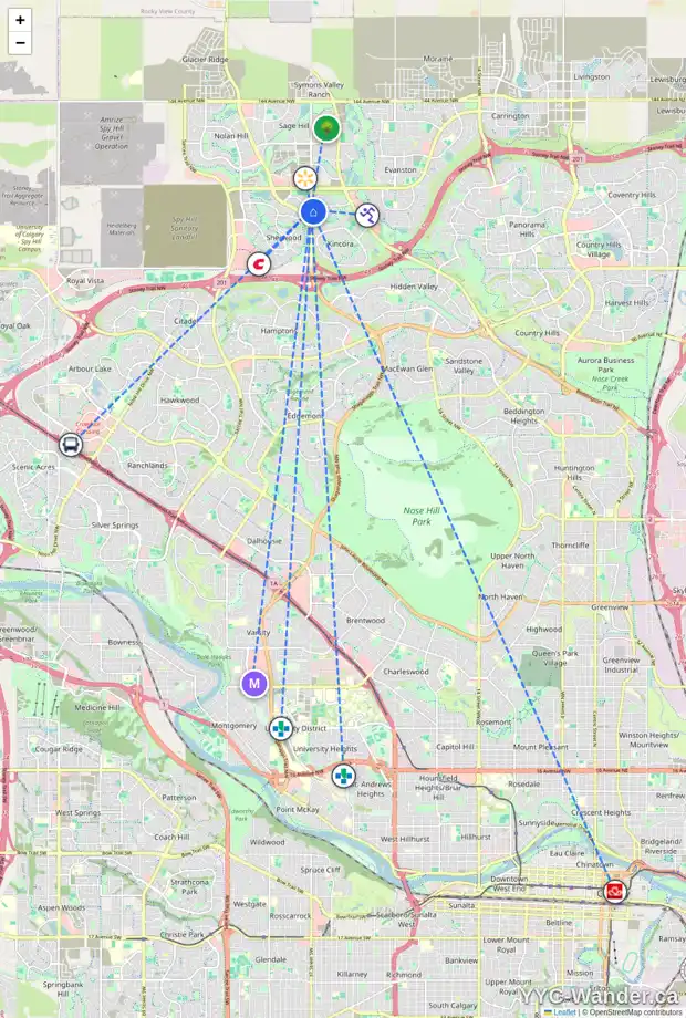 Daily accessibility map for 237 KINCORA GLEN RI NW, Calgary showing nearby schools, grocery stores, parks, LRT stations and nearby amenities