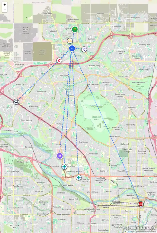 Daily accessibility map for 249 KINCORA GLEN RI NW, Calgary showing nearby schools, grocery stores, parks, LRT stations and nearby amenities