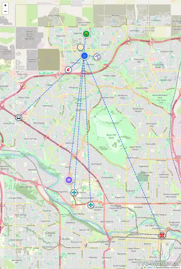 Daily accessibility map for 285 KINCORA GLEN RI NW, Calgary showing nearby schools, grocery stores, parks, LRT stations and nearby amenities