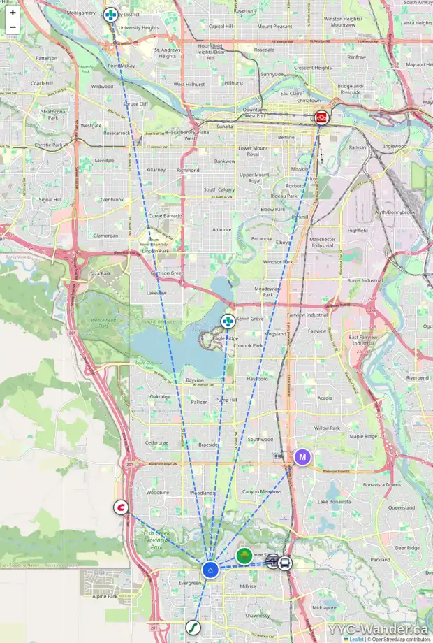 Daily accessibility map for 17 EVERGREEN MT SW, Calgary showing nearby schools, grocery stores, parks, LRT stations and nearby amenities