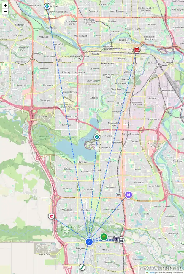 Daily accessibility map for 37 EVERGREEN MT SW, Calgary showing nearby schools, grocery stores, parks, LRT stations and nearby amenities