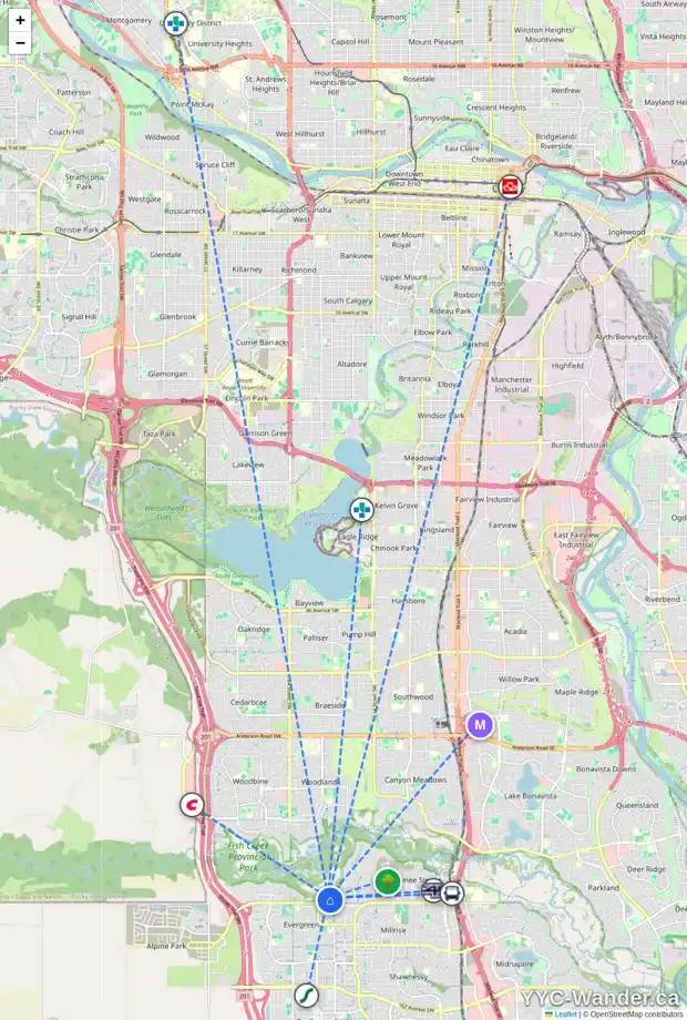 Daily accessibility map for 49 EVERGREEN MT SW, Calgary showing nearby schools, grocery stores, parks, LRT stations and nearby amenities