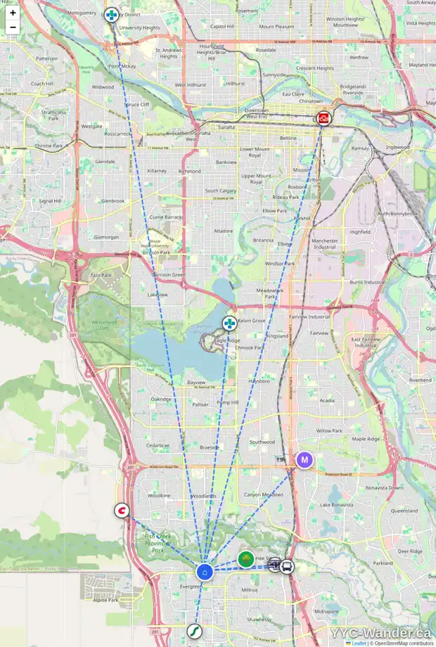 Daily accessibility map for 81 EVERGREEN MT SW, Calgary showing nearby schools, grocery stores, parks, LRT stations and nearby amenities
