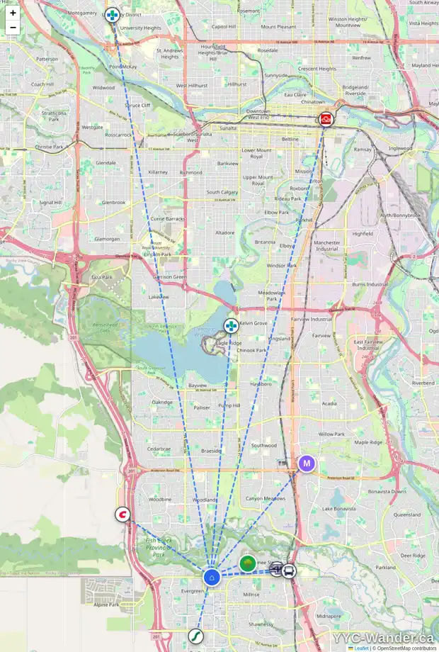 Daily accessibility map for 22 EVERGREEN MT SW, Calgary showing nearby schools, grocery stores, parks, LRT stations and nearby amenities