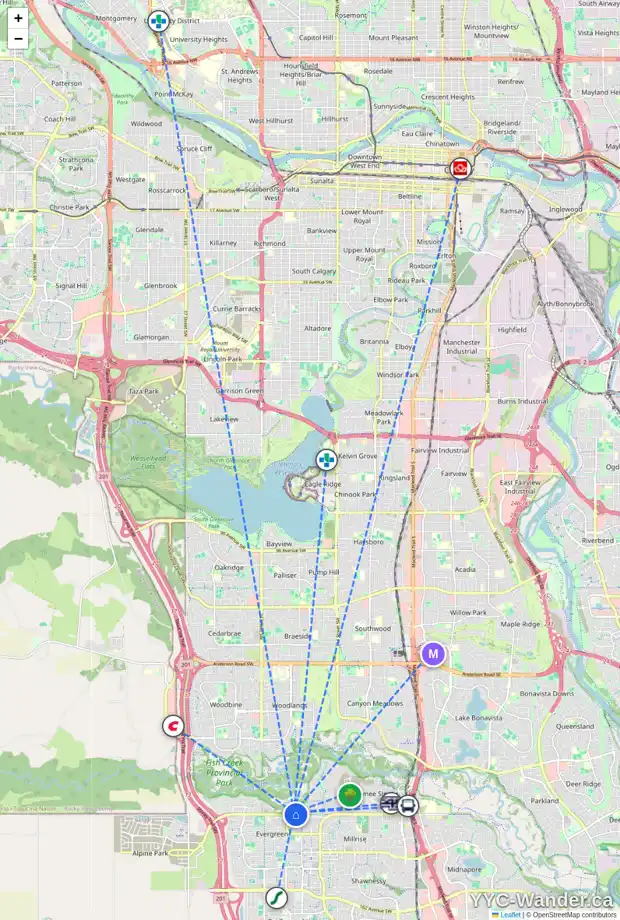 Daily accessibility map for 60 EVERGREEN MT SW, Calgary showing nearby schools, grocery stores, parks, LRT stations and nearby amenities