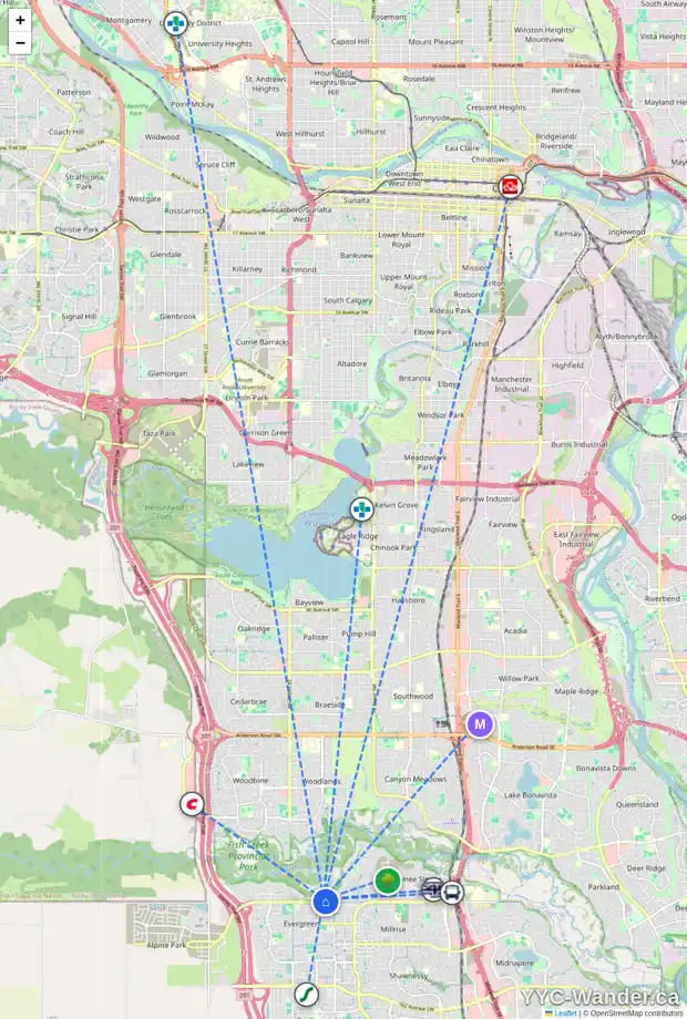 Daily accessibility map for 68 EVERGREEN MT SW, Calgary showing nearby schools, grocery stores, parks, LRT stations and nearby amenities