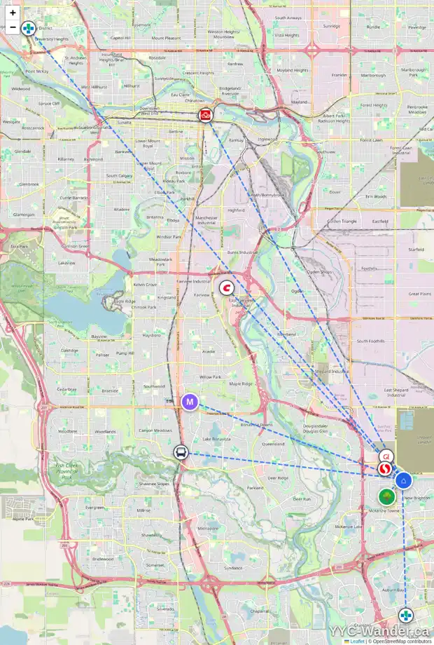 Daily accessibility map for 48 NEW BRIGHTON LD SE, Calgary showing nearby schools, grocery stores, parks, LRT stations and nearby amenities