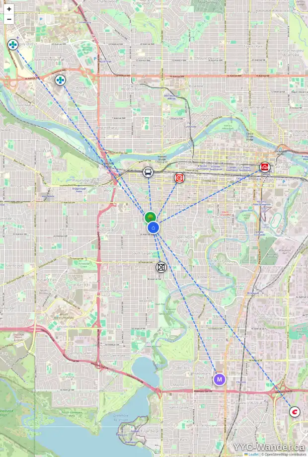 Daily accessibility map for 1621 24 AV SW, Calgary showing nearby schools, grocery stores, parks, LRT stations and nearby amenities