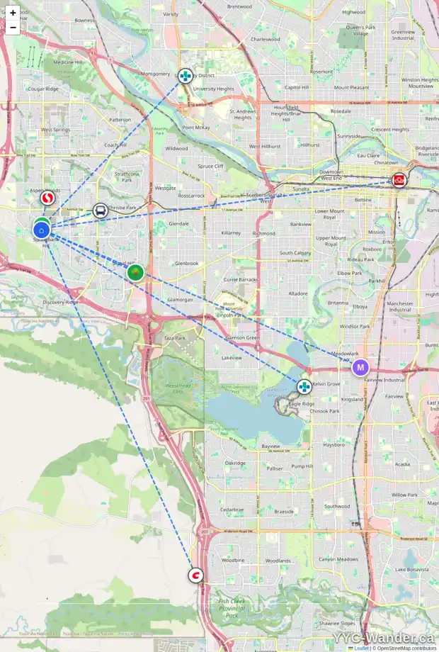 Daily accessibility map for 434 26 VAL GARDENA VW SW, Calgary showing nearby schools, grocery stores, parks, LRT stations and nearby amenities