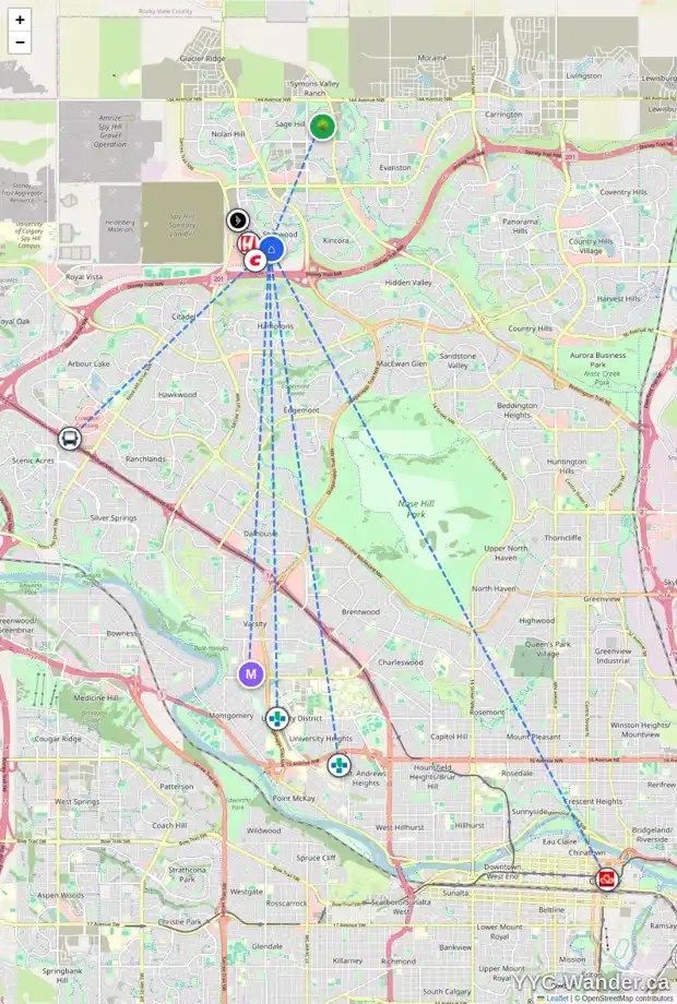 Daily accessibility map for 1232 SHERWOOD BV NW, Calgary showing nearby schools, grocery stores, parks, LRT stations and nearby amenities