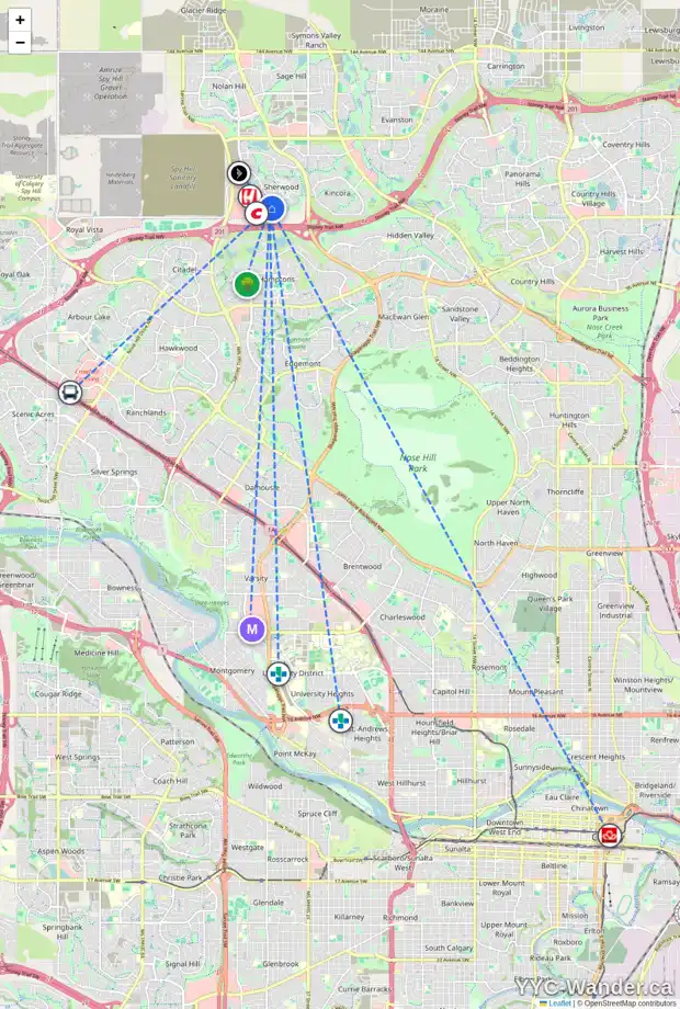 Daily accessibility map for 123 SHERWOOD HL NW, Calgary showing nearby schools, grocery stores, parks, LRT stations and nearby amenities