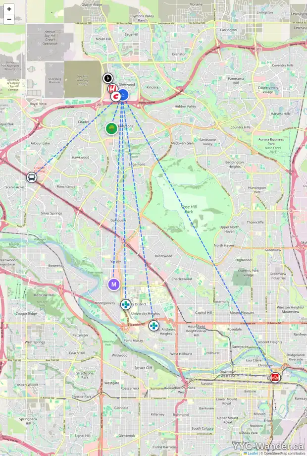 Daily accessibility map for 131 SHERWOOD HL NW, Calgary showing nearby schools, grocery stores, parks, LRT stations and nearby amenities