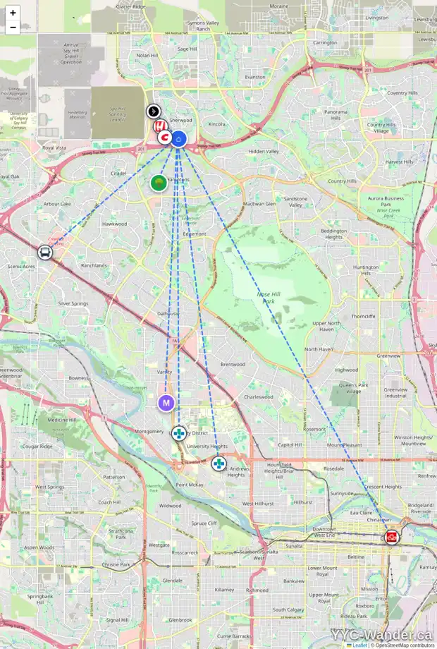 Daily accessibility map for 179 SHERWOOD HL NW, Calgary showing nearby schools, grocery stores, parks, LRT stations and nearby amenities
