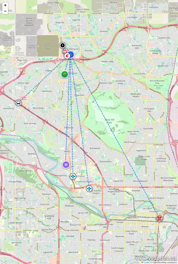 Daily accessibility map for 120 SHERWOOD HL NW, Calgary showing nearby schools, grocery stores, parks, LRT stations and nearby amenities