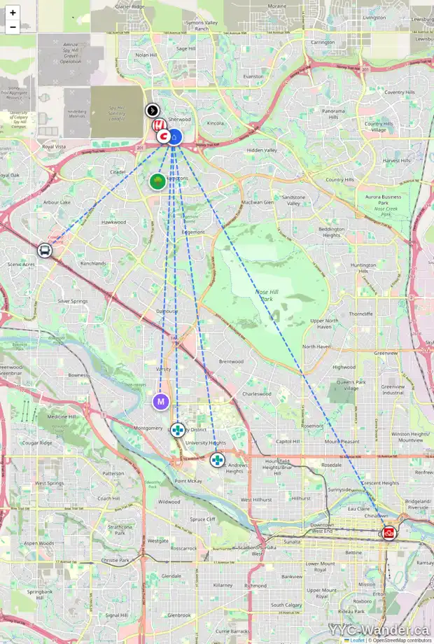 Daily accessibility map for 150 SHERWOOD HL NW, Calgary showing nearby schools, grocery stores, parks, LRT stations and nearby amenities