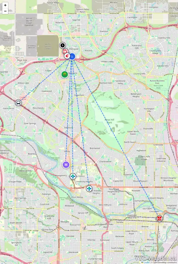 Daily accessibility map for 170 SHERWOOD HL NW, Calgary showing nearby schools, grocery stores, parks, LRT stations and nearby amenities