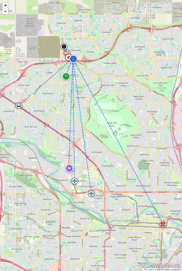 Daily accessibility map for 156 SHERWOOD RI NW, Calgary showing nearby schools, grocery stores, parks, LRT stations and nearby amenities