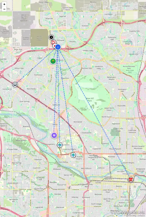 Daily accessibility map for 184 SHERWOOD RI NW, Calgary showing nearby schools, grocery stores, parks, LRT stations and nearby amenities