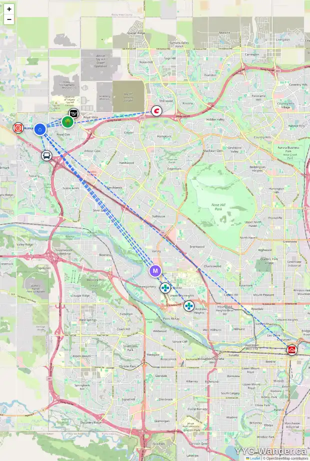 Daily accessibility map for 83 ROCKCLIFF LD NW, Calgary showing nearby schools, grocery stores, parks, LRT stations and nearby amenities