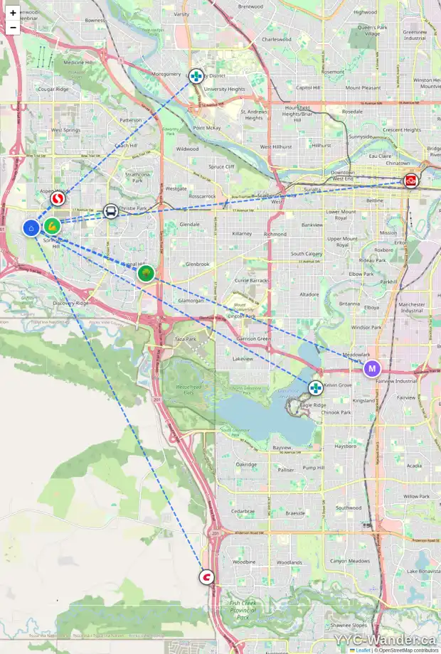 Daily accessibility map for 79 CORTINA WY SW, Calgary showing nearby schools, grocery stores, parks, LRT stations and nearby amenities