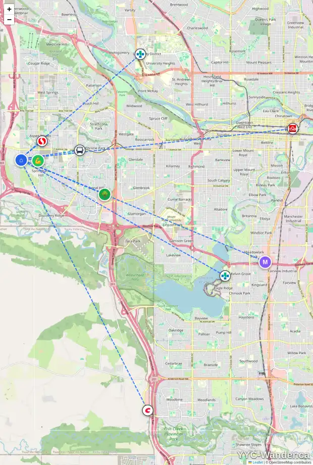Daily accessibility map for 217 CORTINA BA SW, Calgary showing nearby schools, grocery stores, parks, LRT stations and nearby amenities