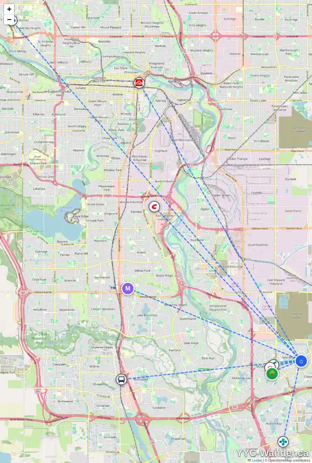Daily accessibility map for 154 BRIGHTONWOODS GD SE, Calgary showing nearby schools, grocery stores, parks, LRT stations and nearby amenities