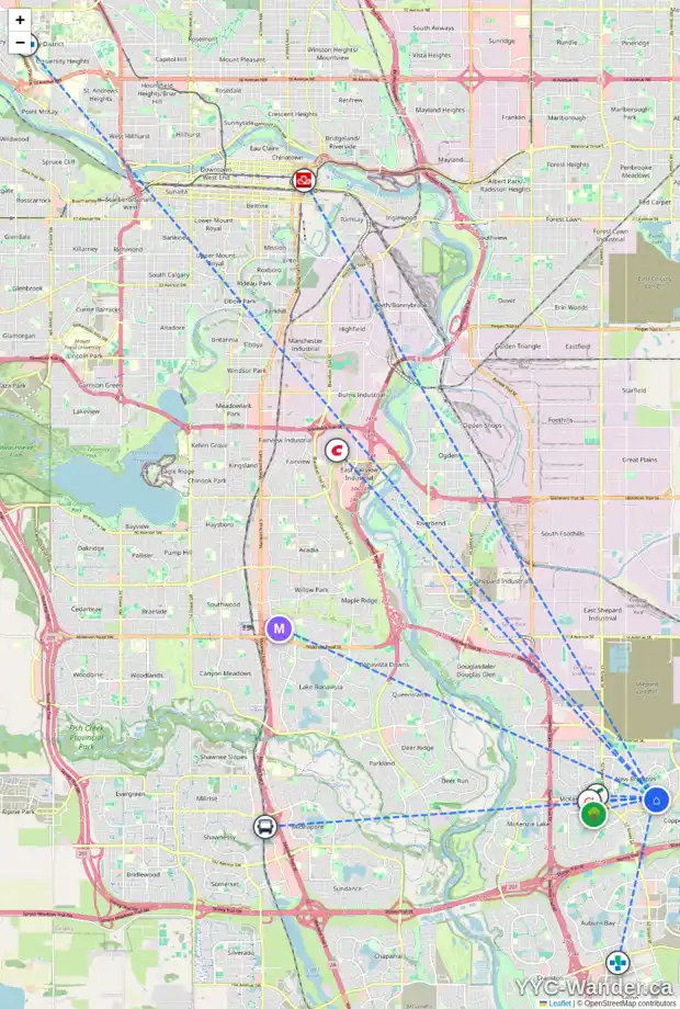 Daily accessibility map for 1580 NEW BRIGHTON DR SE, Calgary showing nearby schools, grocery stores, parks, LRT stations and nearby amenities