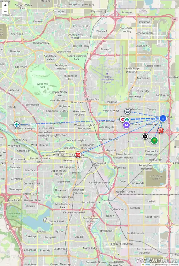 Daily accessibility map for 55 DEL MONICA PL NE, Calgary showing nearby schools, grocery stores, parks, LRT stations and nearby amenities