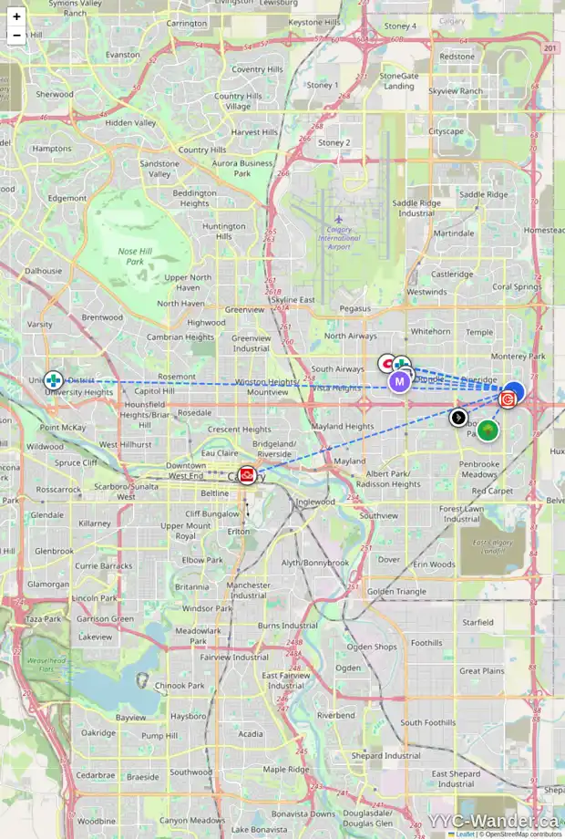 Daily accessibility map for 7020 CALIFORNIA BV NE, Calgary showing nearby schools, grocery stores, parks, LRT stations and nearby amenities