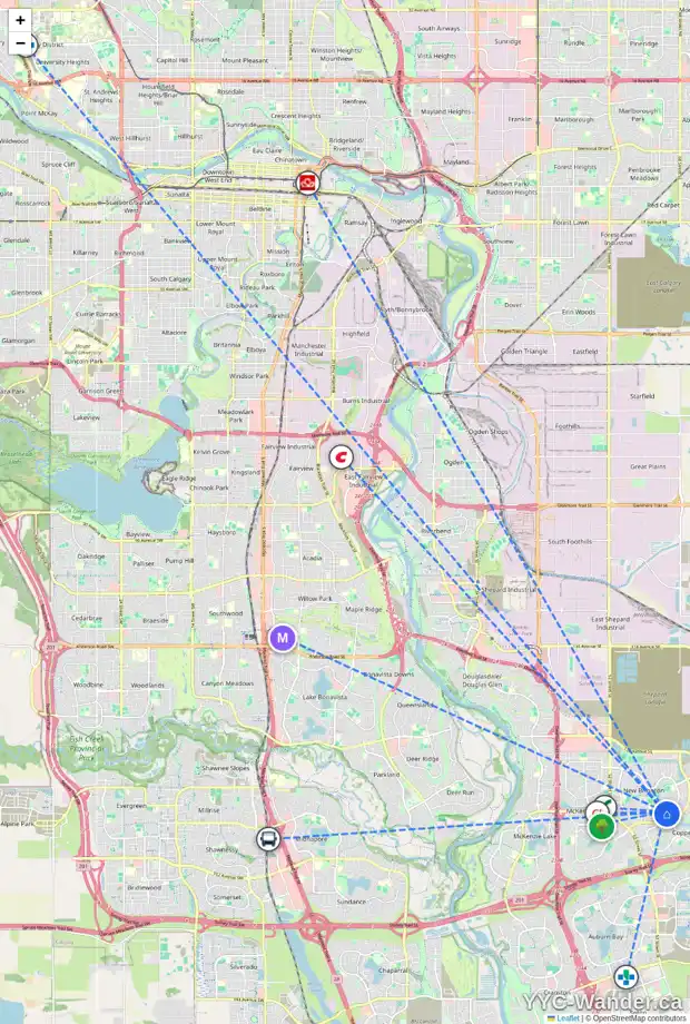 Daily accessibility map for 1571 NEW BRIGHTON DR SE, Calgary showing nearby schools, grocery stores, parks, LRT stations and nearby amenities