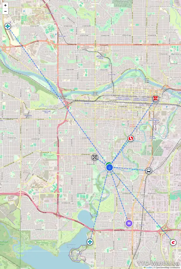 Daily accessibility map for 3926 9 ST SW, Calgary showing nearby schools, grocery stores, parks, LRT stations and nearby amenities
