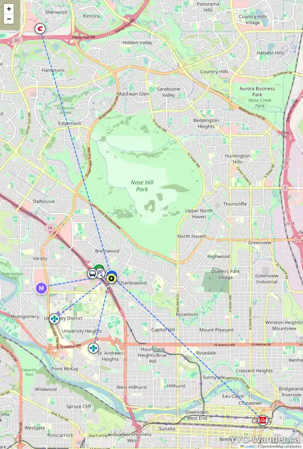 Daily accessibility map for 6 2736 BRENTWOOD BV NW, Calgary showing nearby schools, grocery stores, parks, LRT stations and nearby amenities