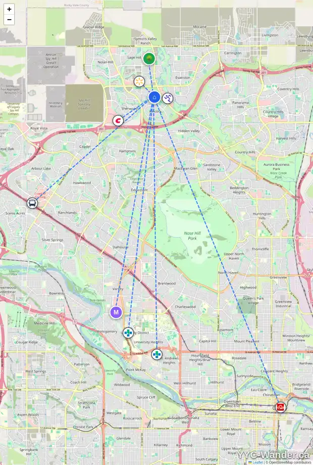 Daily accessibility map for 23 KINCORA GLEN BA NW, Calgary showing nearby schools, grocery stores, parks, LRT stations and nearby amenities
