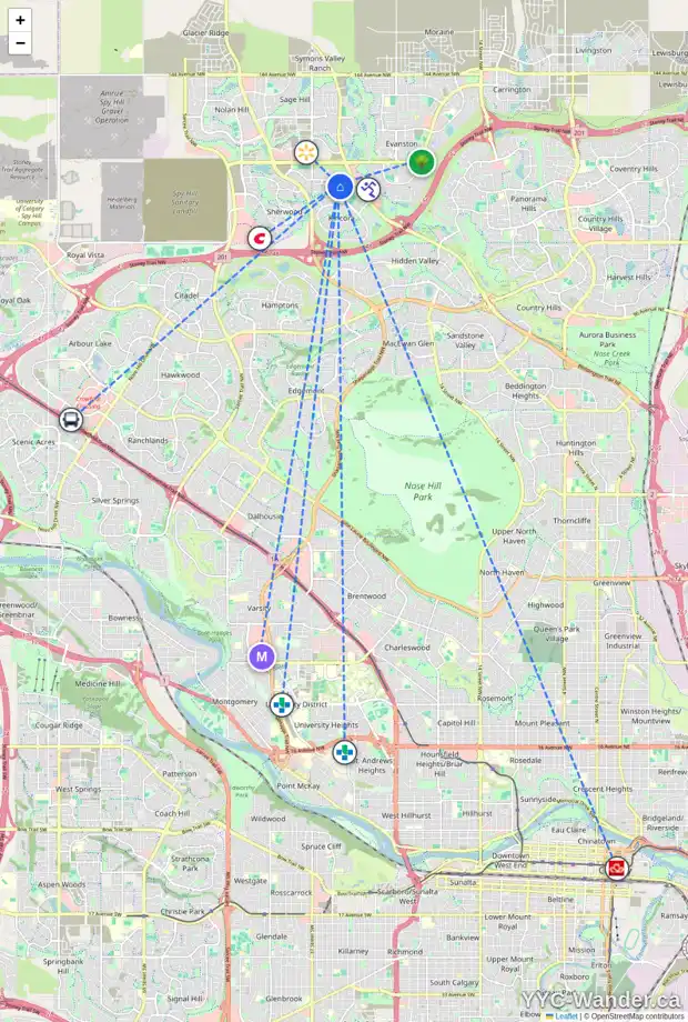 Daily accessibility map for 27 KINCORA GLEN BA NW, Calgary showing nearby schools, grocery stores, parks, LRT stations and nearby amenities