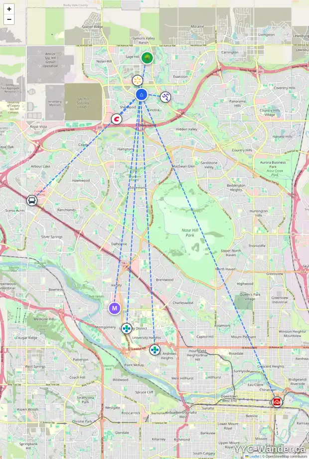 Daily accessibility map for 214 KINCORA GLEN RD NW, Calgary showing nearby schools, grocery stores, parks, LRT stations and nearby amenities